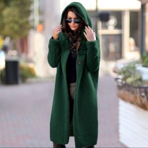 Long Green Thin Polyester Sweater With Hoodie